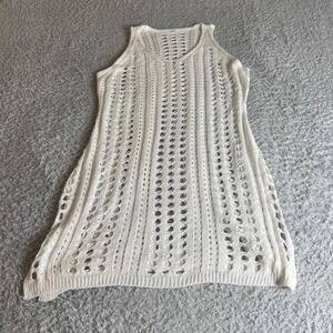 White Open Knit Crochet V Neck Sleeveless Beach Cover Up Tunic Large